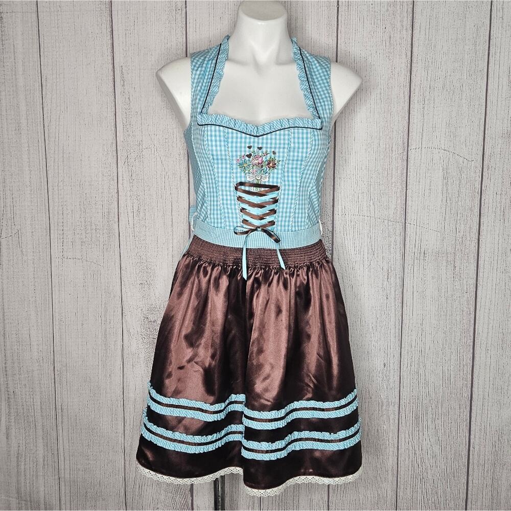 Country Line Dirndl & Matching Apron- Blue & White Gingham w Bling, sz 34 (US 4)
